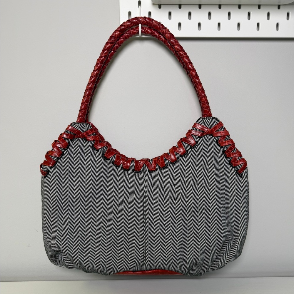 NWOT Donald J Pliner Red-Trim Herringbone Shoulder Bag